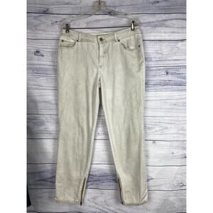 Chicos 1 Platinum Denim Jeans Womens M 5 Pocket Mid Rise Crop Ankle Zip Leopard